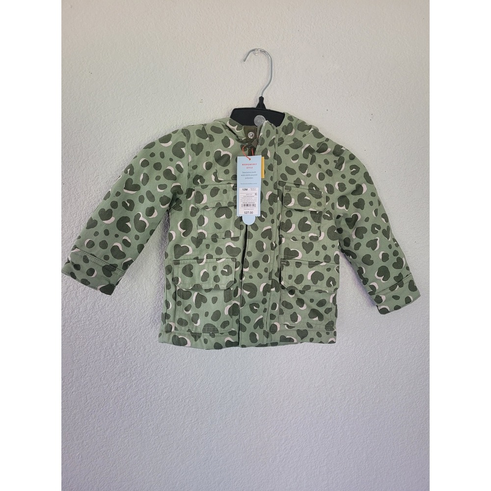 Cat & Jack Baby Girl 12M Olive Green Leopard Heart Print Hooded Jacket #R‎